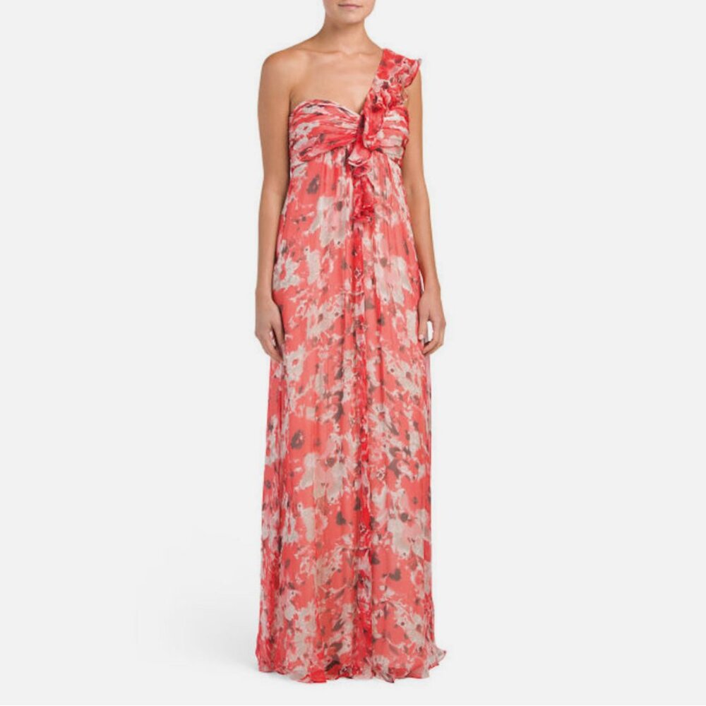 Amsale Silk Chiffon Coral Floral Ruffle Dress